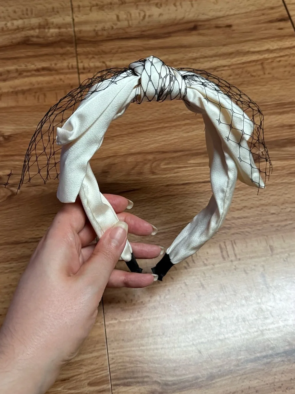 Ivory Knot Headband with Black Veil Accent
